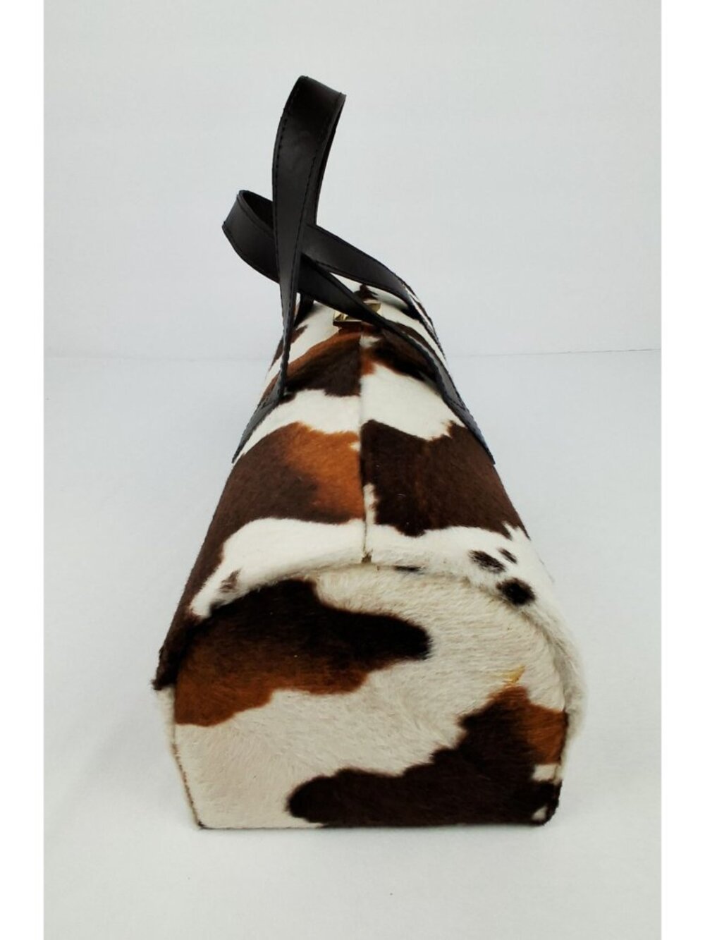 Cowhide Brown White Cylinder Wine Bottle Carrier/Handbag w/ Gold Hardware - Picture 6 of 12